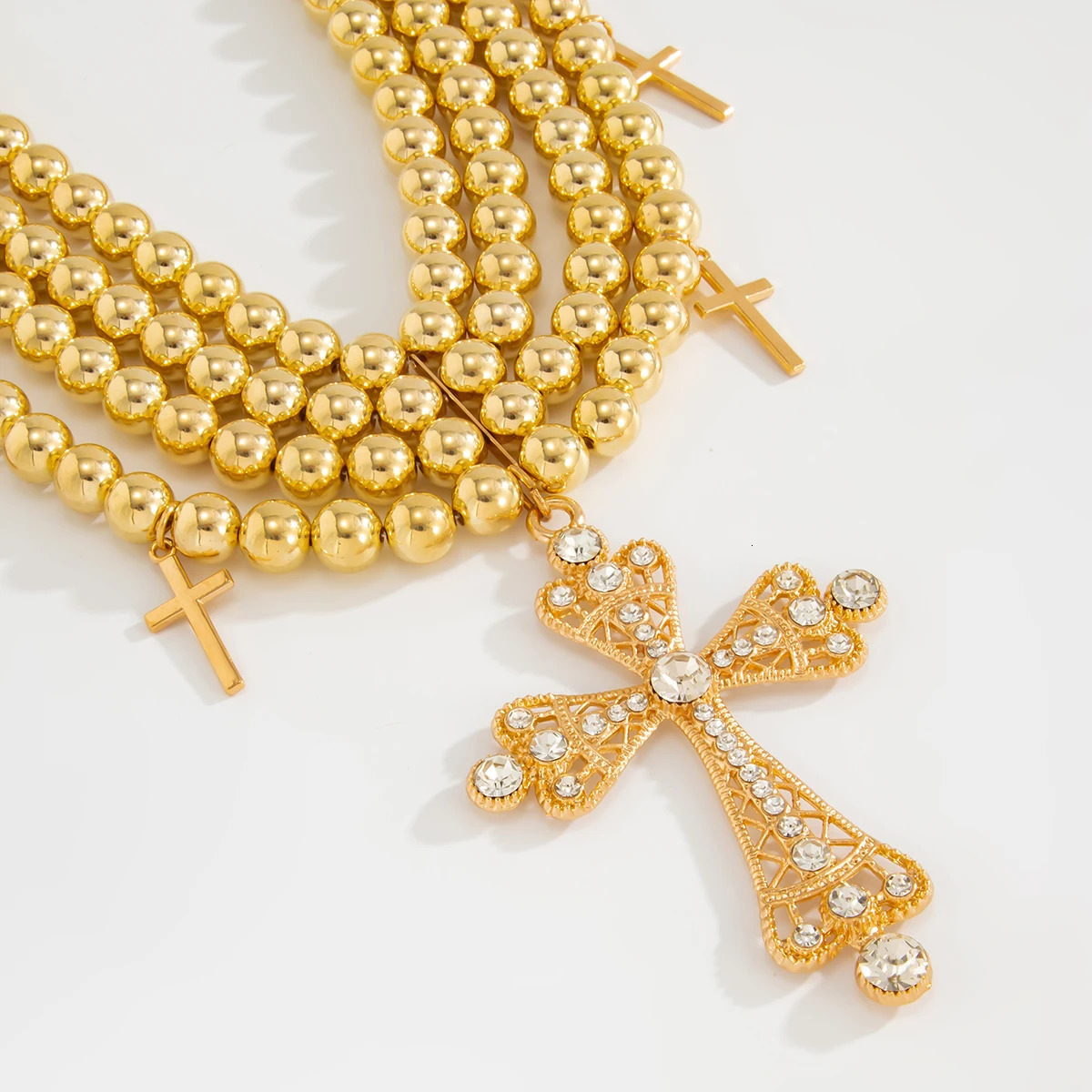 Salircon Exaggerated Inlaid Rhinestone Big Cross Pendant Necklace Women Multilayer Aesthetic CCB Beaded Choker Jewelry 250716