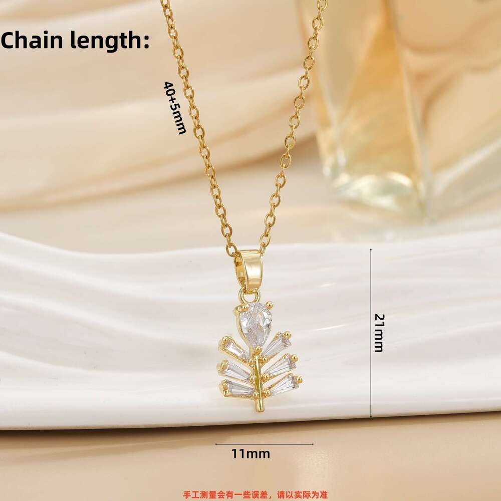 Copper Gold-Plated Ladder Square Water Drop Earrings Necklace Versatile Full Dia Leaf Pendant Set Jewelry 869