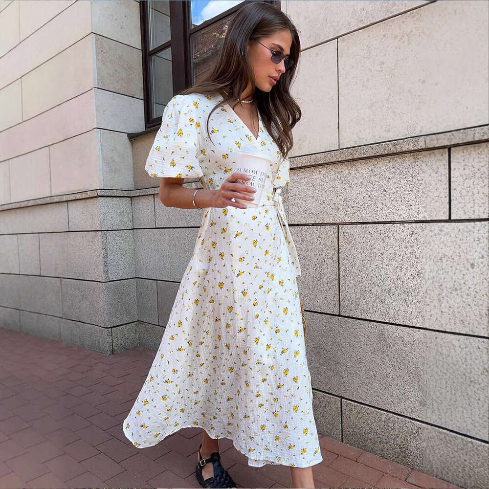 Summer New Women's Cotton Printed With Tie Straps And Puff Sleeves Long Dress B5
