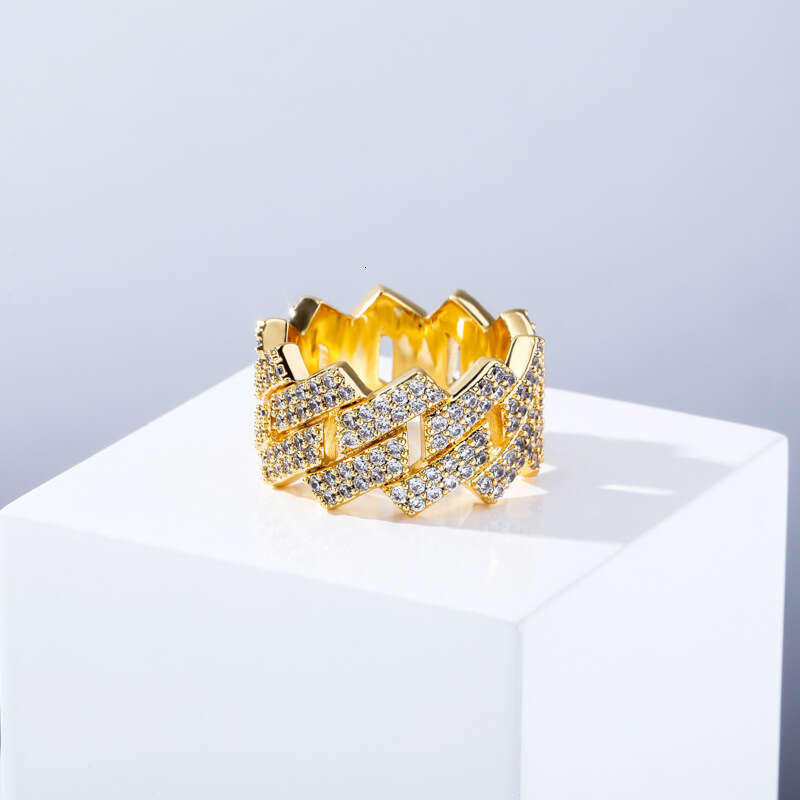 Hip Hop 14mm Shaped Cuban Real Gold Plated Double Row Zircon Ring