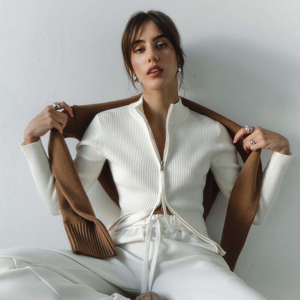 Stand Collar Slim Fit Long Sleeve Autumn Winter New Double Zipper Cardigan Warm Knitted Jacket For Women B5