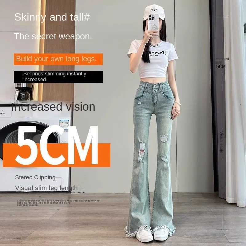 2025 New Womens Ripped Frayed Jeans Spring and Autumn High Waist Slim Slimming Horseshoe Flared Pants R250716