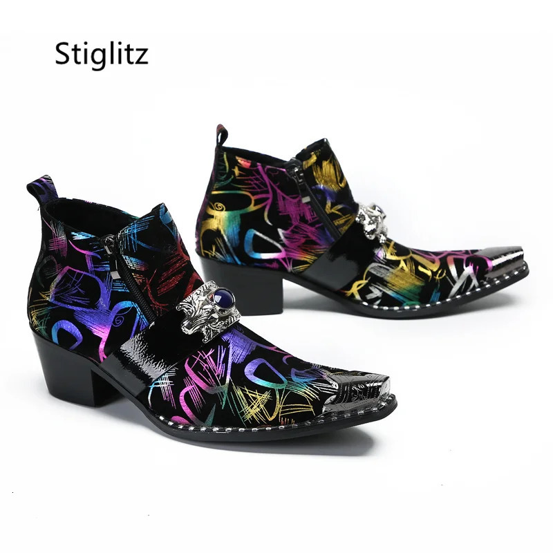Graffiti Ankle Boots for Men Pearl Metal Decor High Heels Leather Western Mens Boots Zip Street Style Man Shoes High Quality 250715