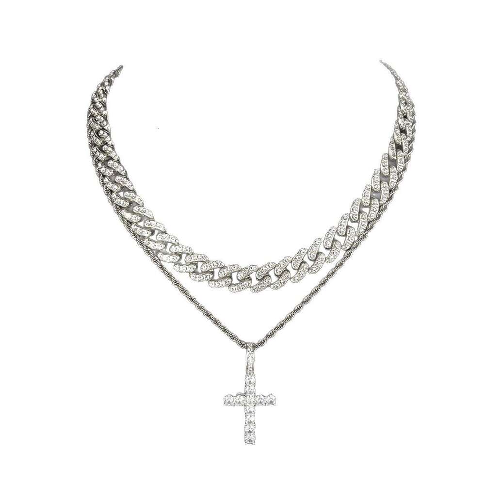 Full Dia Cross Pendant Fashion Creative Hip Hop Trend Alloy Cuban Chain Trendy Necklace Layering Set