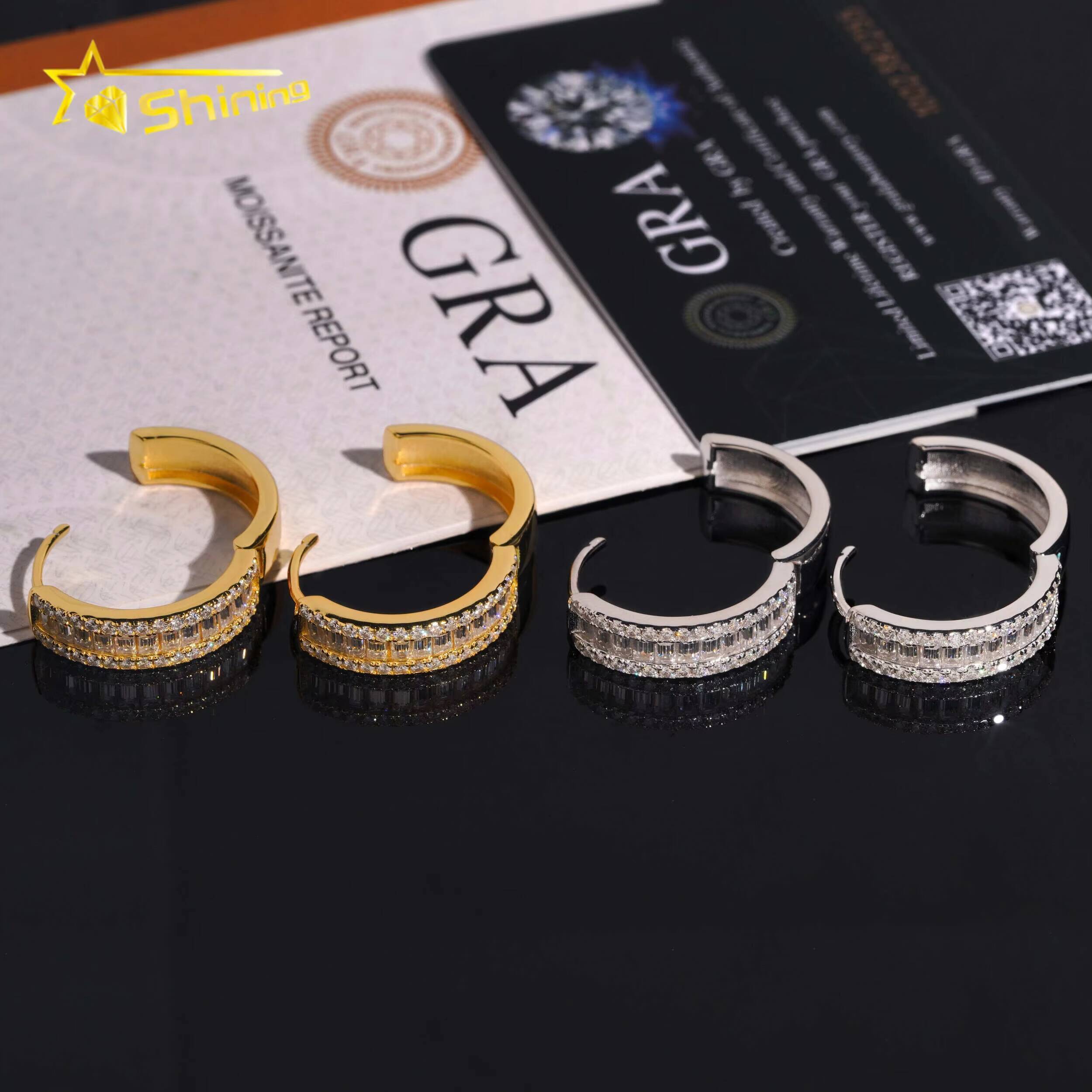 Fine Jewelry 925 Silver Hip Hop Gold Plated Iced Out Baguette Moissanite Diamond Hoop Earrings