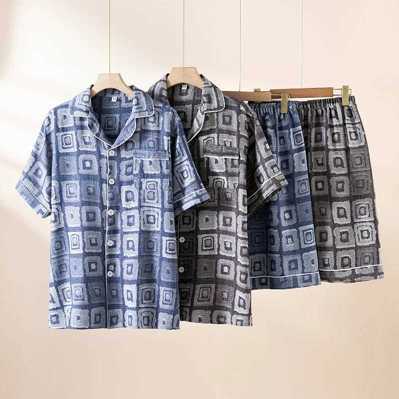 2025 New Summer Mens Pajama Set 100% Cotton Thin Jacquard Exquisite Short Sleeve Shorts Two Piece Set Loose Large Home Clothes W250717