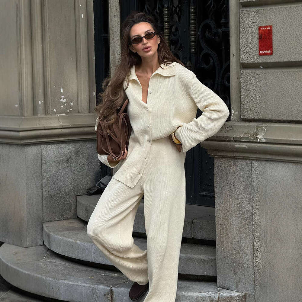 Turn-Down Collar Long Sleeve Knitted Autumn Winter New Style Elegant Loose Commuting Ribbed Sweater Suit B5
