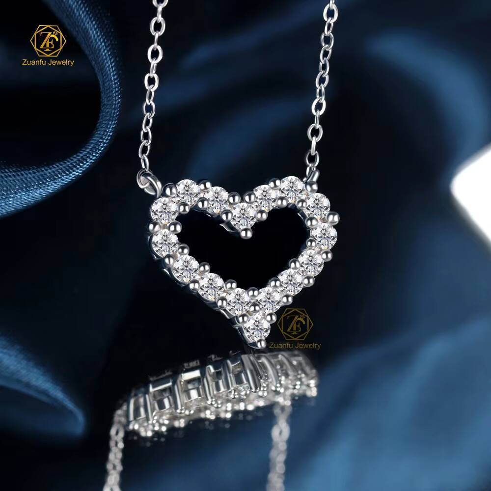 Trendy 2mm Iced Out Moissanite 925 Silver Plated Hollow Heart Pendant Necklace Romantic Jewelry for Girls