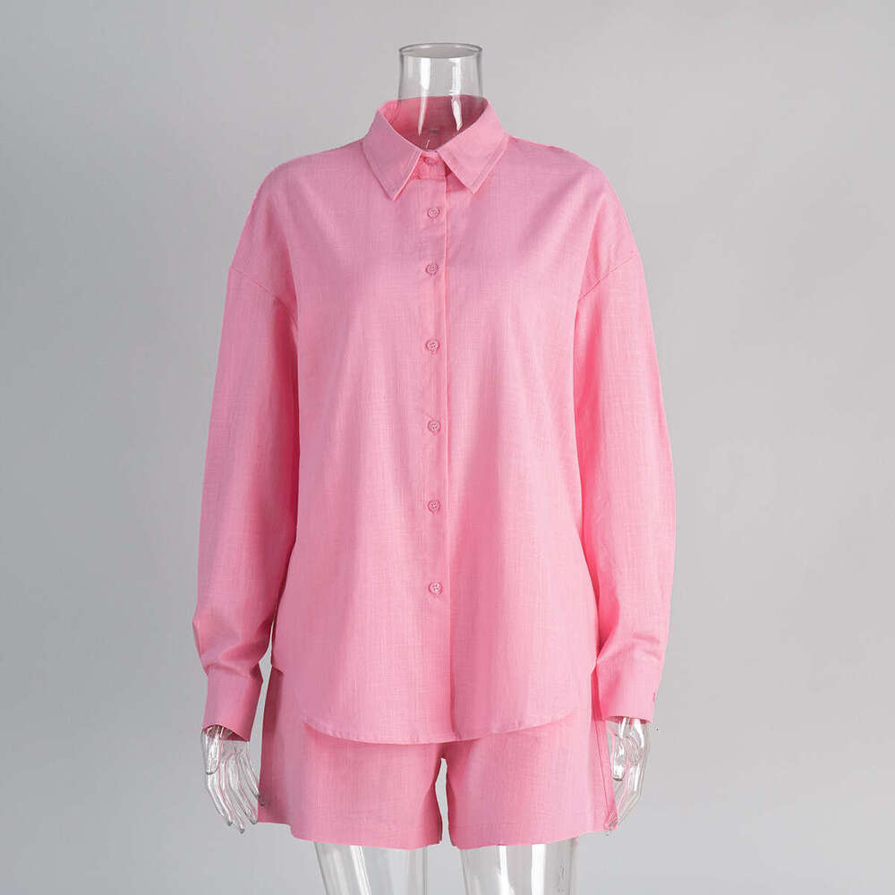 Pure Cotton Cardigan Long Sleeve Shorts Set Spring Summer Casual Solid Color Style Women's Outfit B5