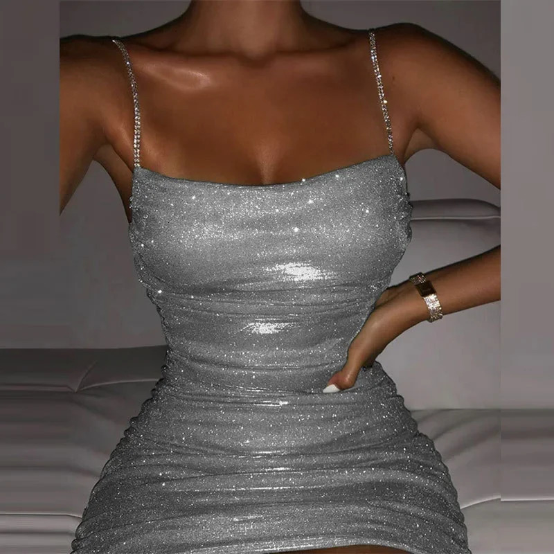 Sexy Slash Neck Shiny Pleated Party Dress Women Fashion Elegant Backless Rhinestone Sling Mini Dresses Lady Chic Mujer 250715