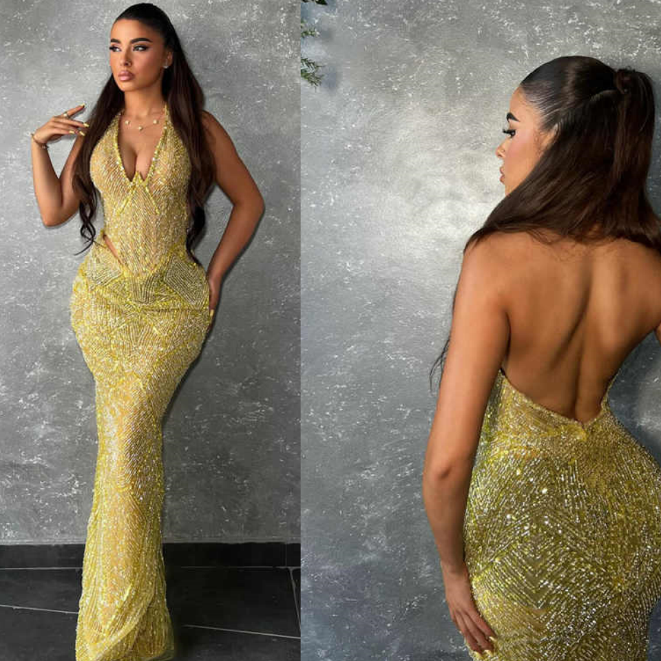 Sexy Women Evening Dresses For Women Halter Sleeveless Backless Gown Sequins Lace Dress Party Custom Made Prom Gowns vestido de novia