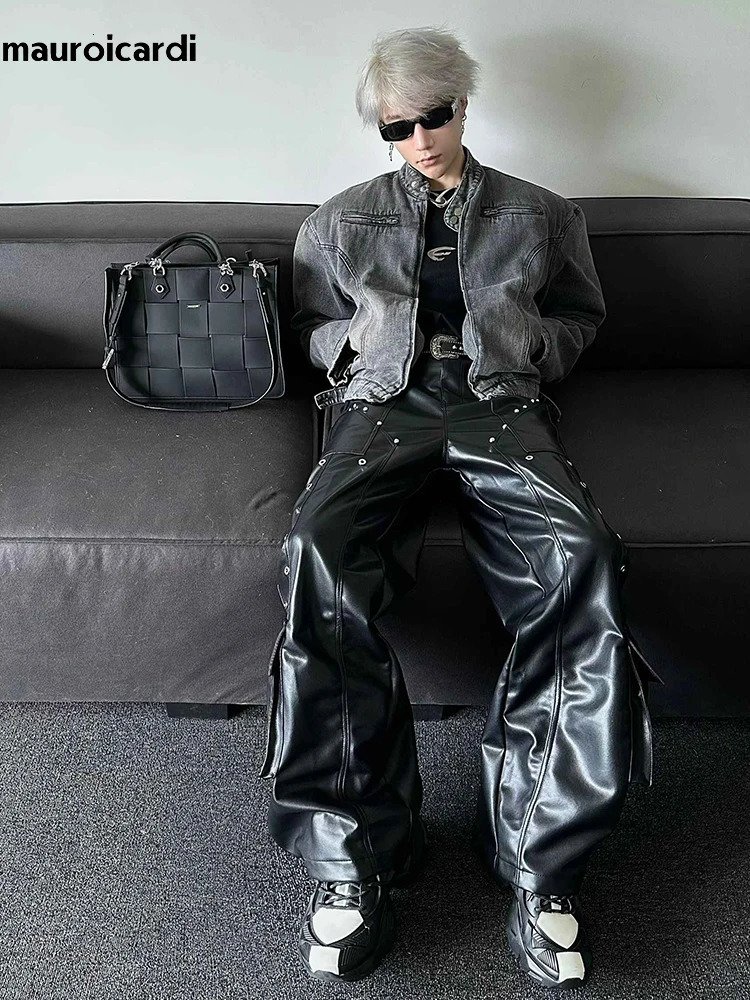 Mauroicardi Spring Autumn Long Loose Casual Black Shiny Pu Leather Pants Men Rivet Wide Leg Trousers Punk Style Streetwear 2024 250704