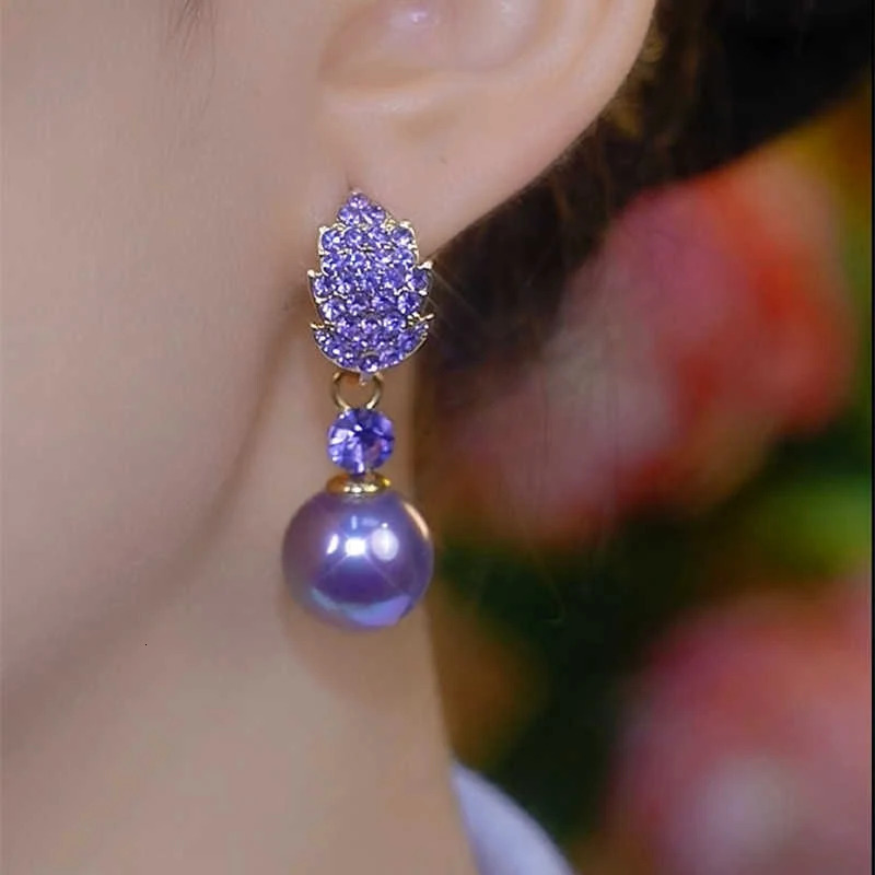Unique Purple Rhinestone Leaf Pearl Pendant Earrings for Women Elegant Exquisite Temperament Girls Daily Wear Jewelry 250716
