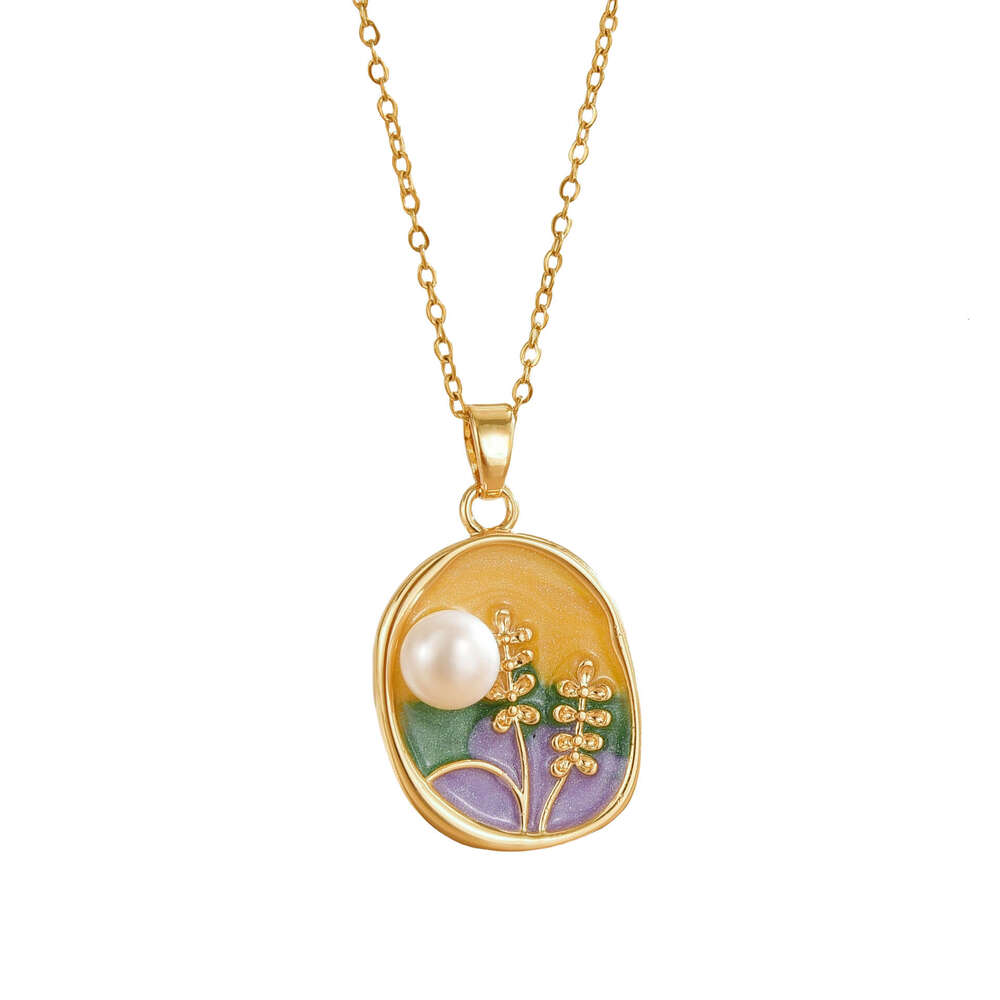 Oil Painting Style Color-Block Three-Dimensional Inlaid Necklace Fashion Design New Chinese Light Enamel Glaze Flower Collarbone Chain B97