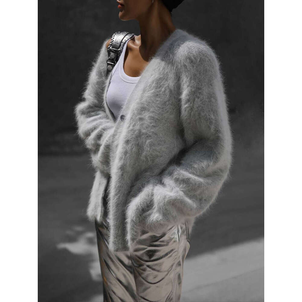 Faux Mink Knit Cardigan Autumn Winter Lazy Loose Long Sleeve V-Neck Sweater Coat For Women B5