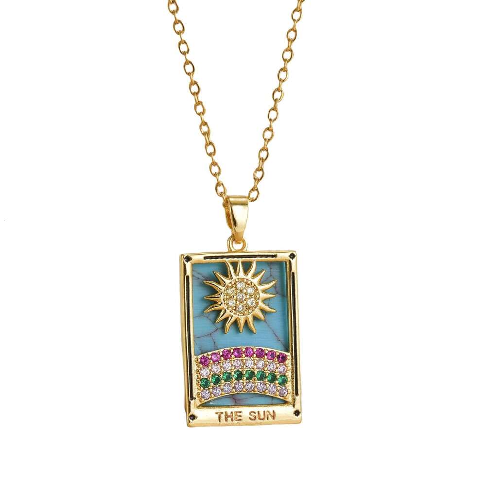 Gold-Plated Copper Tarot Card Design Pendant Mother-Of-Pearl Zodiac Necklace 012