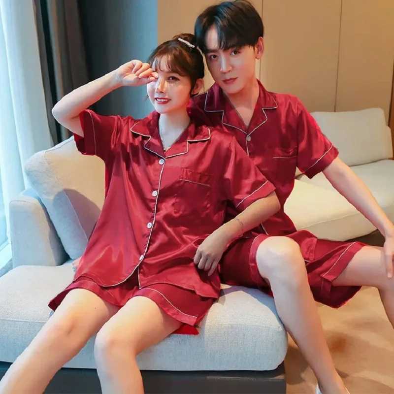 Solid Color Sleepwear Silk Satin Pajamas Couple Set Short-sleeved Pajamas Suit Sleepwear Women Men Loungewear Plus Size Pj Set W250717