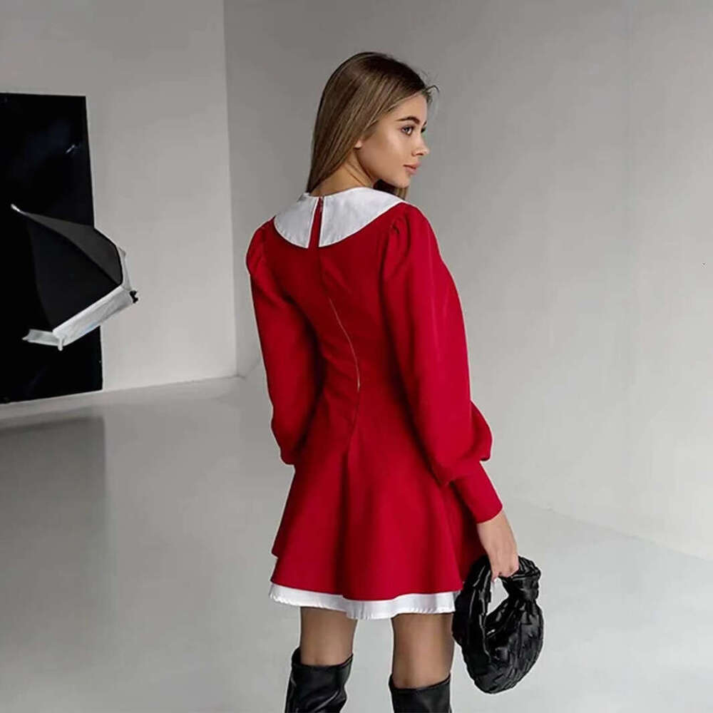 French Style Doll Collar Patchwork Spring New Waist-Cinching Lantern Sleeve Short Dress For Women B5