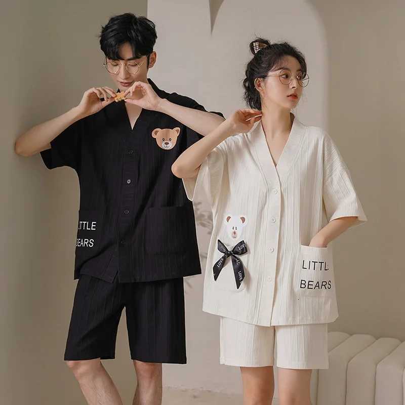 Summer Fashion Couple Pajamas Cotton Breathable Cardigan Can Wear Cartoon Pajamas Men and Women Short-sleeved Shorts Lapel Suit W250717