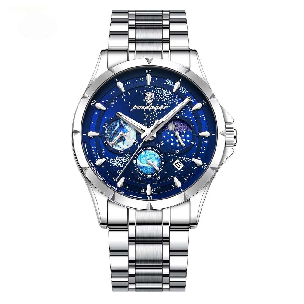 DHwatches Men's Multifunction Sports Watch - 50M Waterproof Stainless Steel Chronograph with Moon Phase & Date (Model 916)