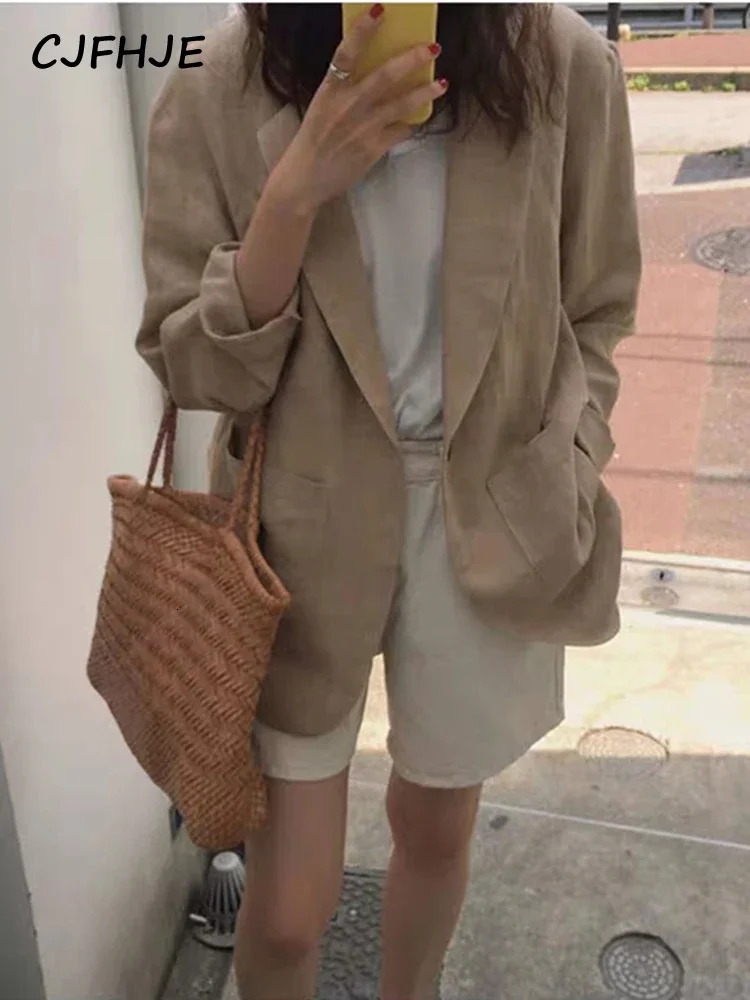 CJFHJE Khaki Office Lady Blazer Casual Thin Cotton Linen Blazers Female Spring Autumn Korean Retro Loose Suit Jackets Women 250715