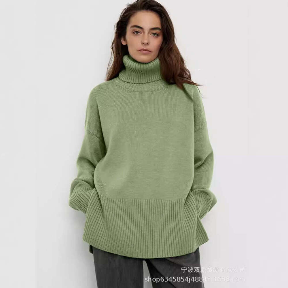 New Style Split Knitted Pullover Solid Color High Neck Loose Autumn Winter Women's Sweater B5