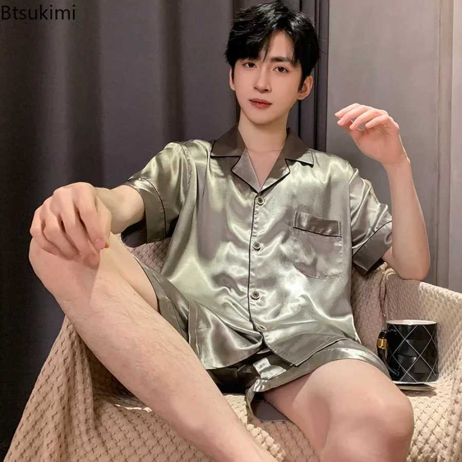 2025 Mens Pajama Sets Silk Satin Pajamas Turn-down Collar Sleepwear Short Sleeve Summer Nightwear Male 2 Pieces Sets Homewear W250717