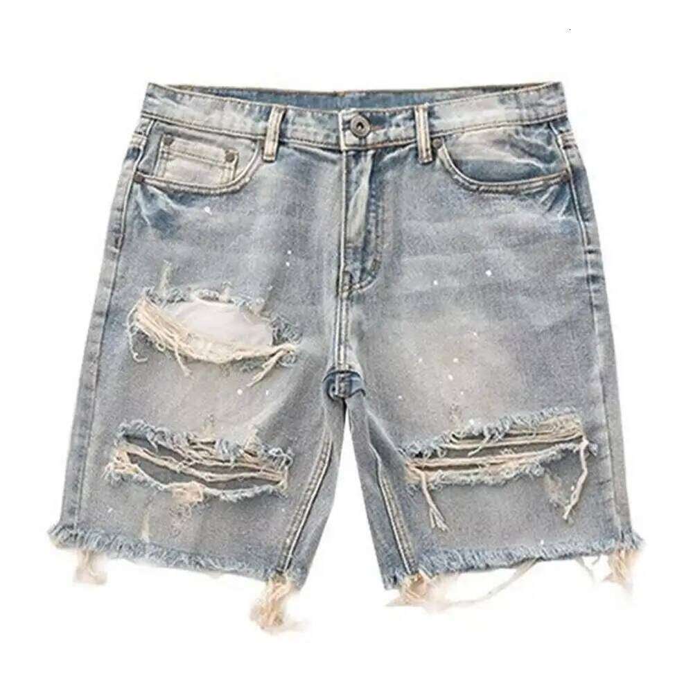 Deformed-resistant Men's Summer Distressed Denim Shorts Straight Fit Ripped Holes Knee Length Jeans with Multi