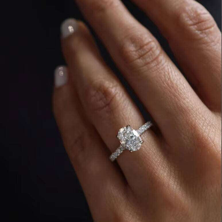 14k White Engagement 3 Oval VVS Micro Pave Side Stone Carbonite Ring