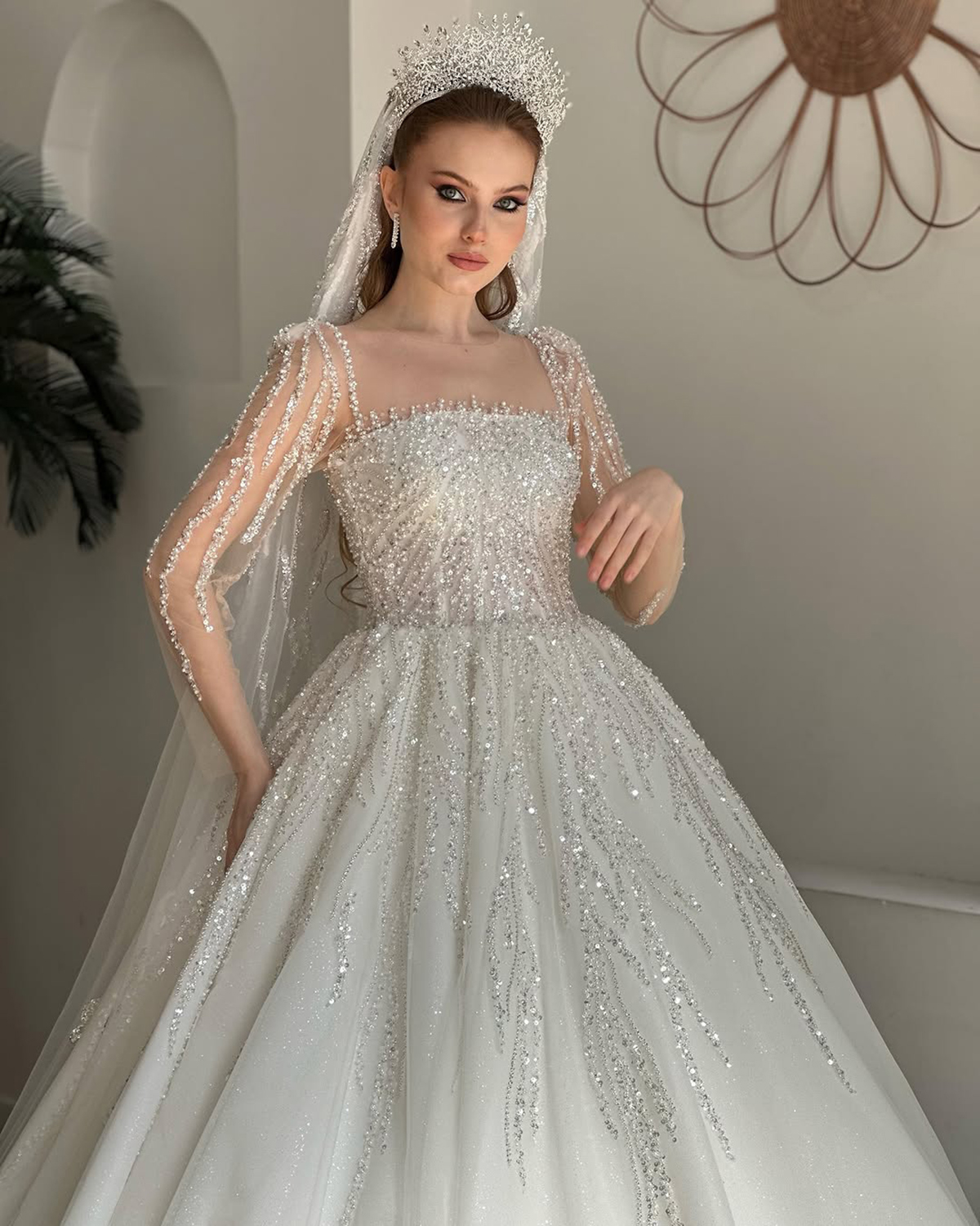 Luxury Beaded Wedding Dresses Square Long Sleeve Lace A Line Bridal Gowns Back Sweep Train Customized Vestidos De Novia