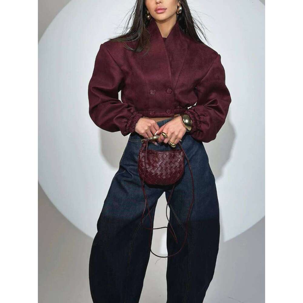 TWOTWINSTYLE Winered French Retro Slim Coats For Women V Neck Spliced Double Breasted Long Sleeved Short Jackets Female Fashion