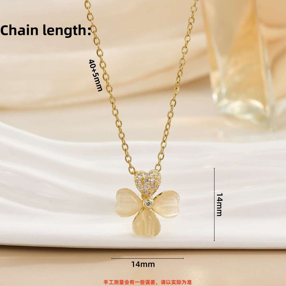 High-End Cat's Eye Stone Four-Leaf Flower Necklace Light Niche New Trendy Collarbone Chain Fashion Simple Choker Decoration 67E