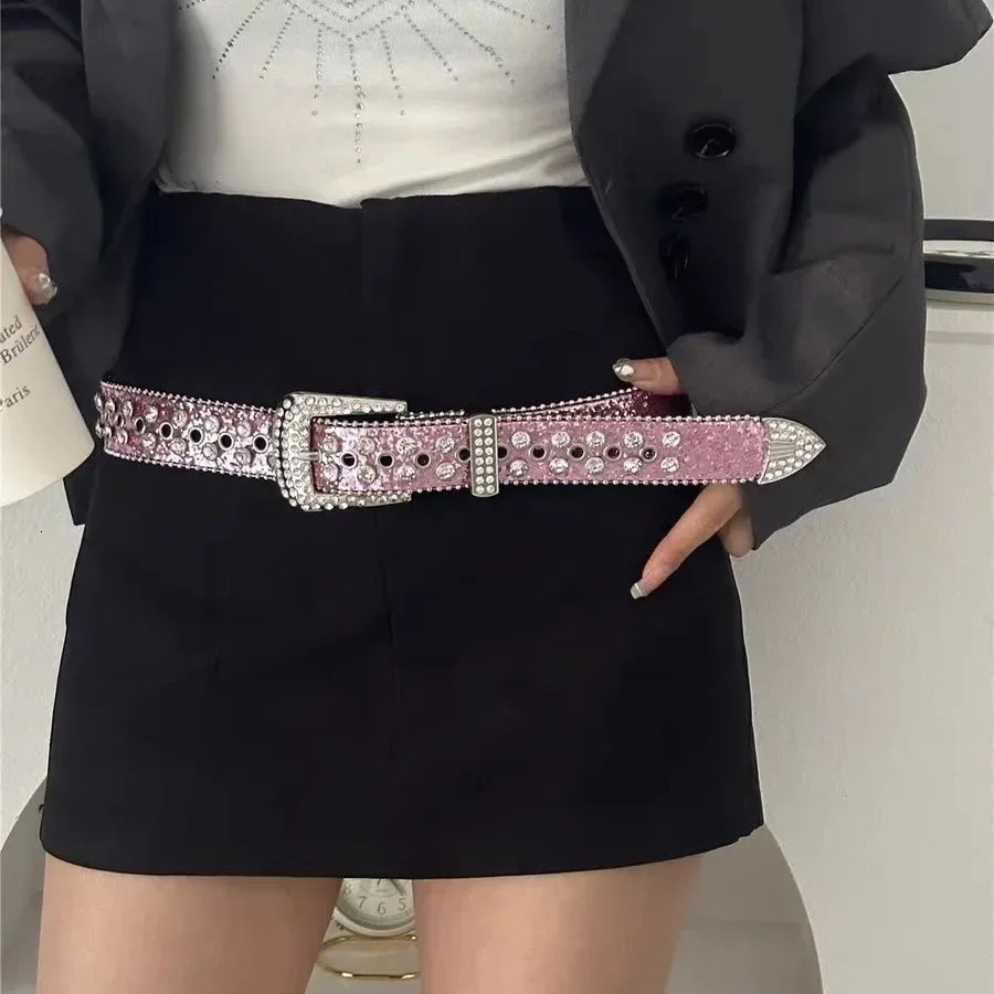 Y2K Women Fashion Solid Print Studded Full Rhinestone Belt PU Leather Bling Crystal Adjustable Glitter Waistband for Club Party 250717