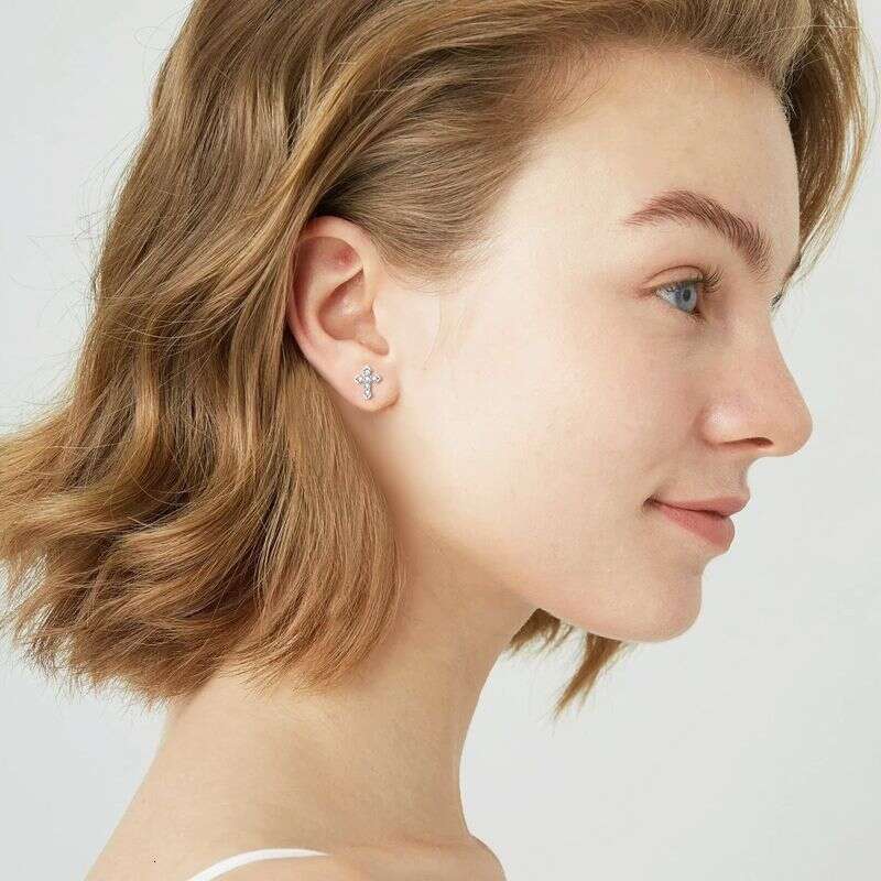 Personalized Cross For Women, Pure D Color Moissanite, Gold Plated, Simple Niche High-End Sier Earrings 955