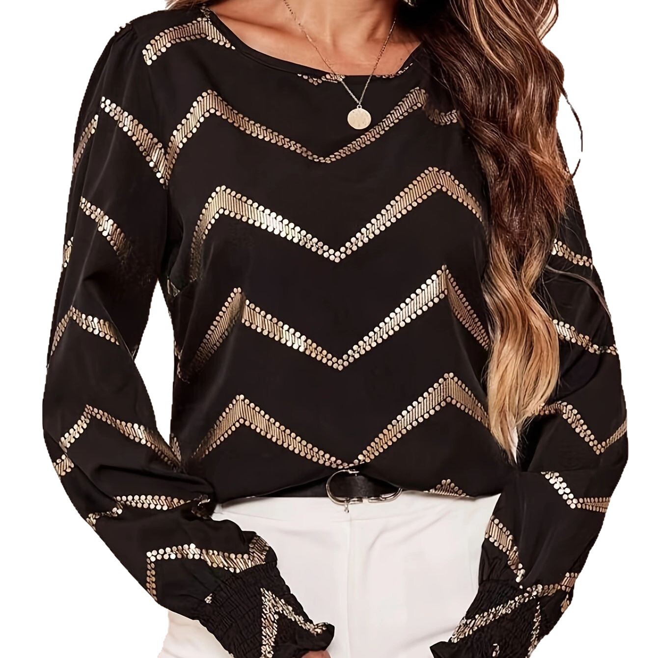 Round Neck Shirt Casual Pleated Long Sleeve Gold Stamping Spring Autumn Women's Clothing