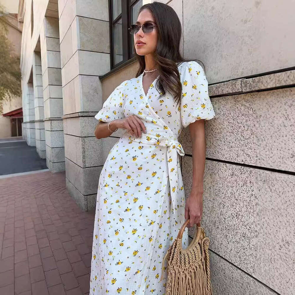 100% Cotton New Women's Puff V-Neck Tie Short Sleeve Printed Dress B5