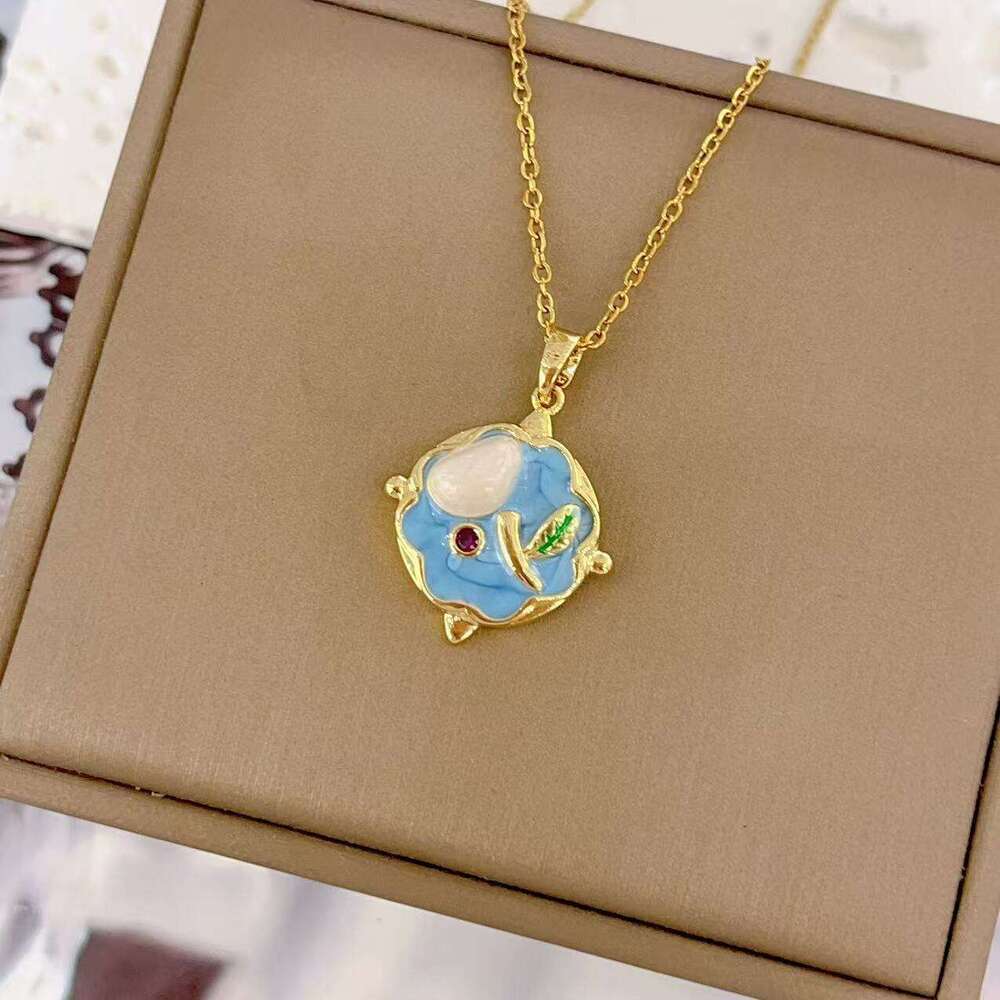Copper Gold-Plated New Chinese Style Imitation Pearl Oil Painting Flower Necklace French High-End Clavicle Chain Jewelry Accessories B47