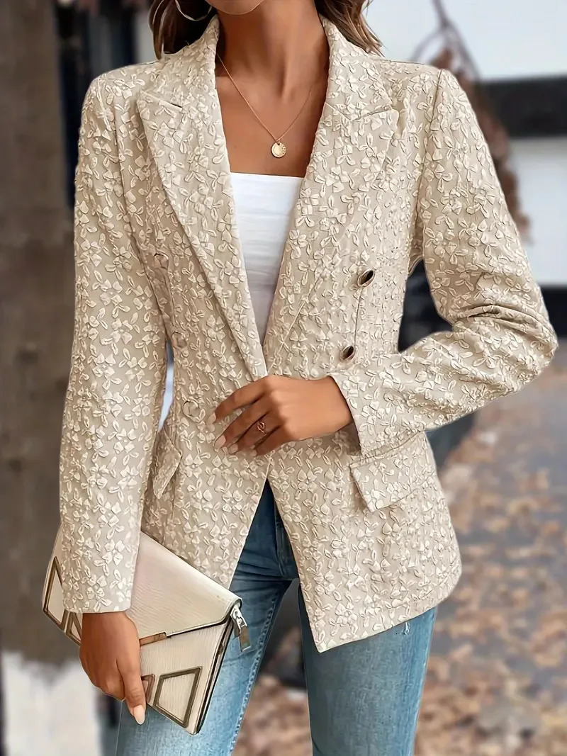 Women Fashion Blue Blazer Jacket Office Lady Double Breasted Pockets Vintage Female Coat 250715
