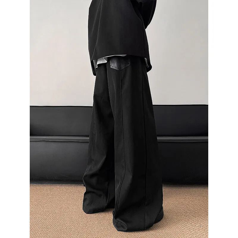 Patchwork Wide Leg Pants Men Casual trousers PU Zipper Hip Hop unisex Fashion Harajuku High Street trend Loose Ropa Hombre 250704