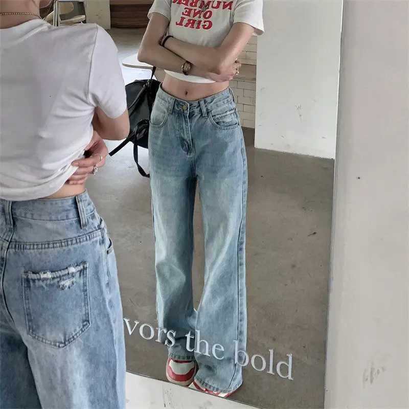 Washed Distressed Denim Straight Pants Vintage Women Jeans with Pockets High Waist Loose Fit Ankle Length Wide Leg Casual Pants Basics R250716