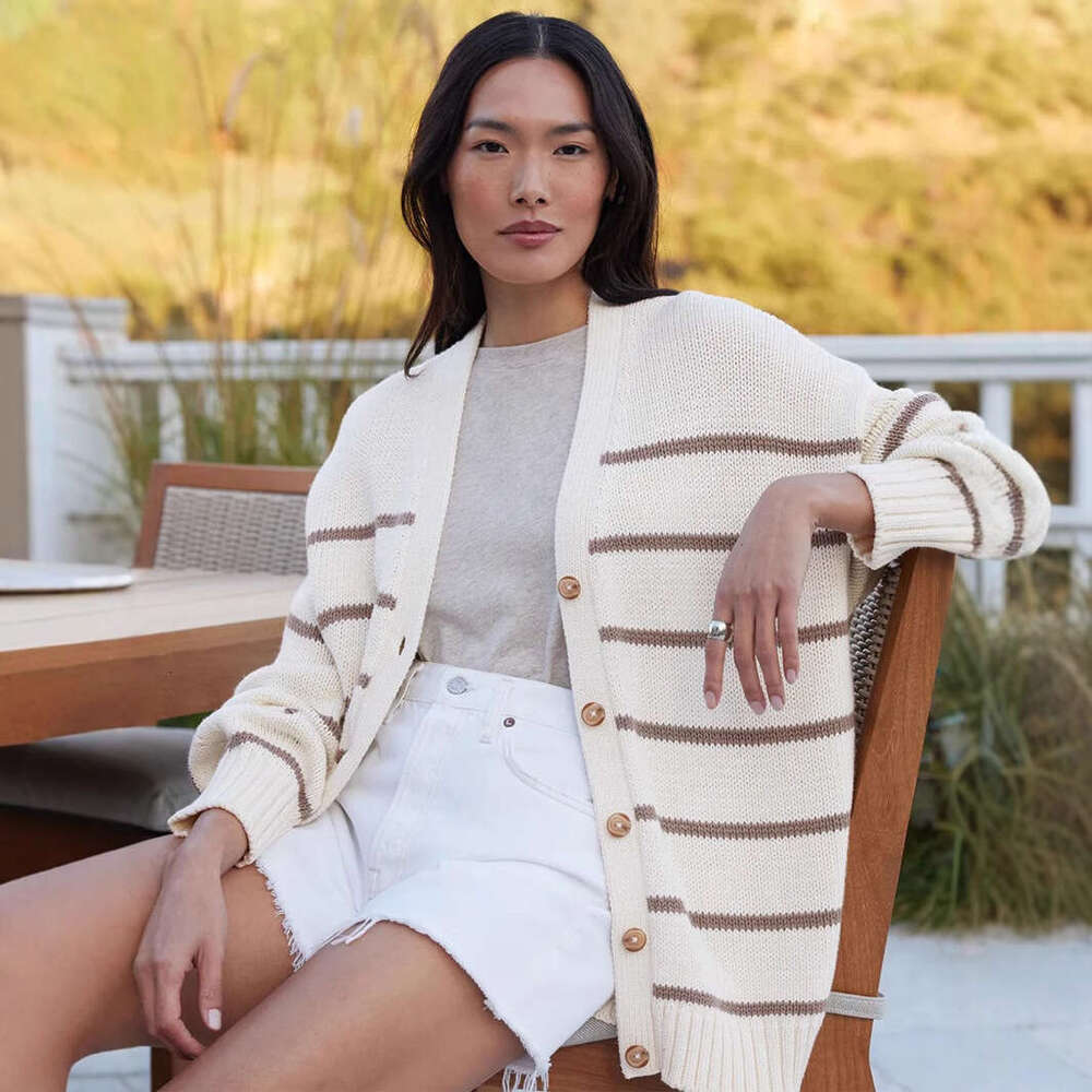 Knitted Autumn Winter New V-Neck Cardigan Pure Cotton Striped Sweater Women B5