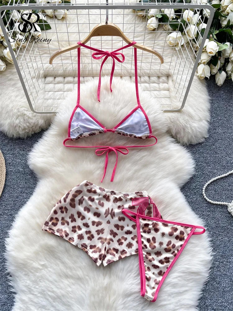 SINGREINY Leopard Bikini sweet Three Piece Set Halter BrSlim ShortsMini Briefs 2024 Women LaceUp Backless Sexy Suits 250714