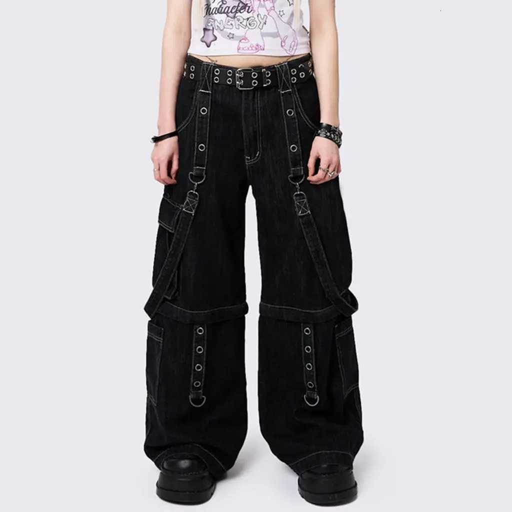 2020 Women Y2K Vintage Cargo Long Pants with Multi Pockets Chain Buckle Button Waist Casual Grunge Wide Leg Denim Trousers R250716