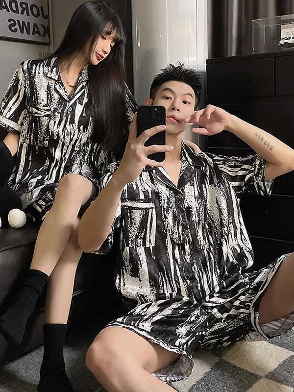 100% Ice Silk Couple Pajamas Set Mens Summer Thin Short-Sleeved Plus Size Sleepwear Womens Teen Striped Loungewear Suit W250717