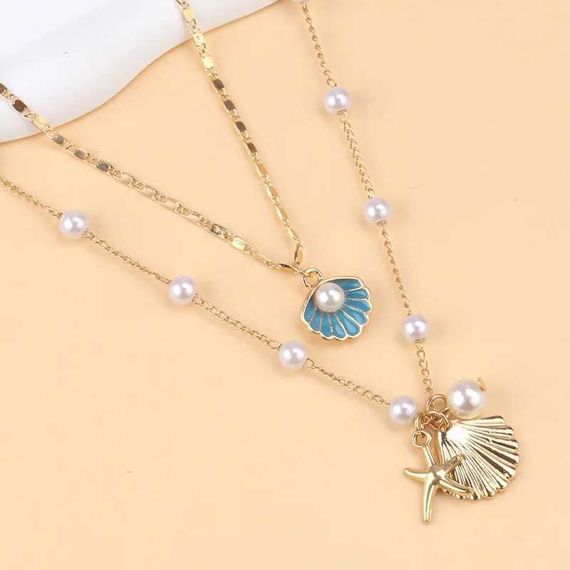 2 Pcs Gold Plated Starfish Shell Pendant Necklace Summer Imitation Pearl Necklaces For Women Girls Ocean Beach Jewelry XJ250717