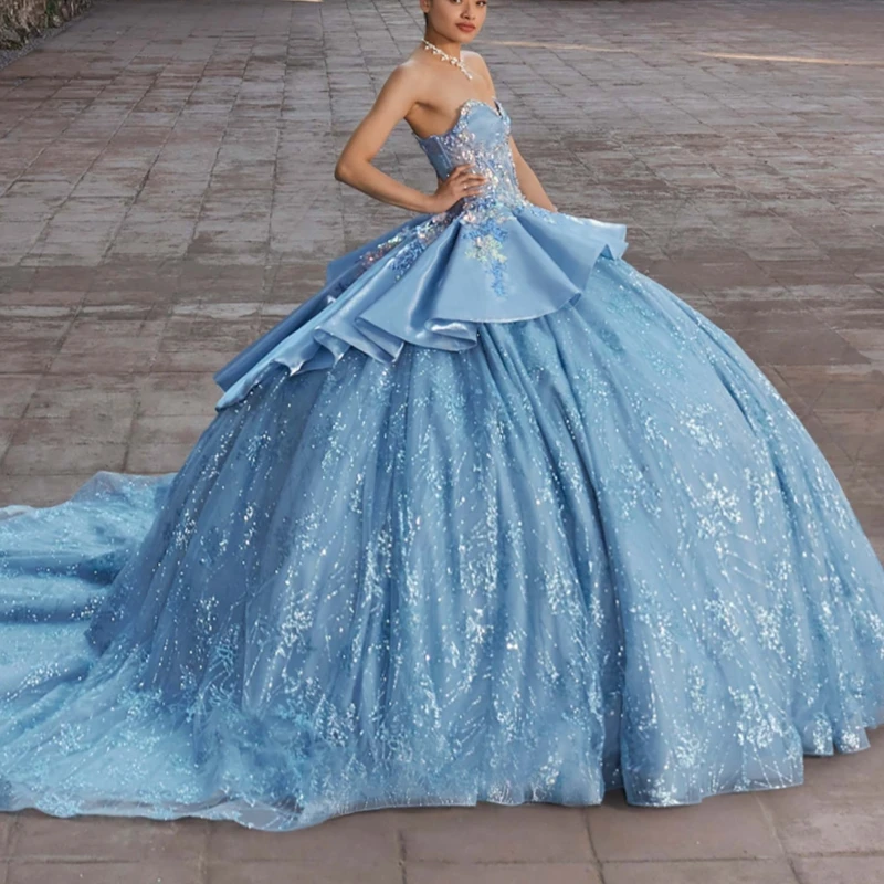 Blue Shiny Quinceanera Dresses Ball Gown Off The Shoulder Sequin Applique Lace Beading Crystal Tull Party Birthday Sweet 16 Dress Vestidos 15 De Anos