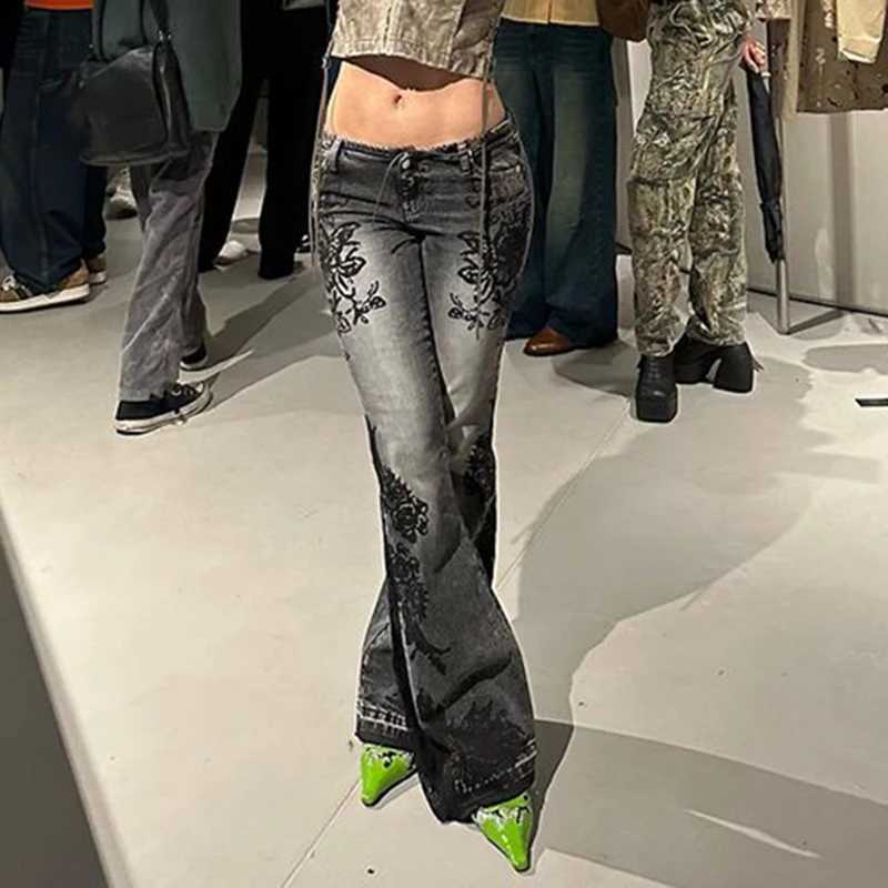 CIBBAR Streetwear Y2K Flare Jeans Distressed 2000s Floral Print Low Rise Slim Denim Pants Korean Women Trousers Retro Mom Jeans R250716