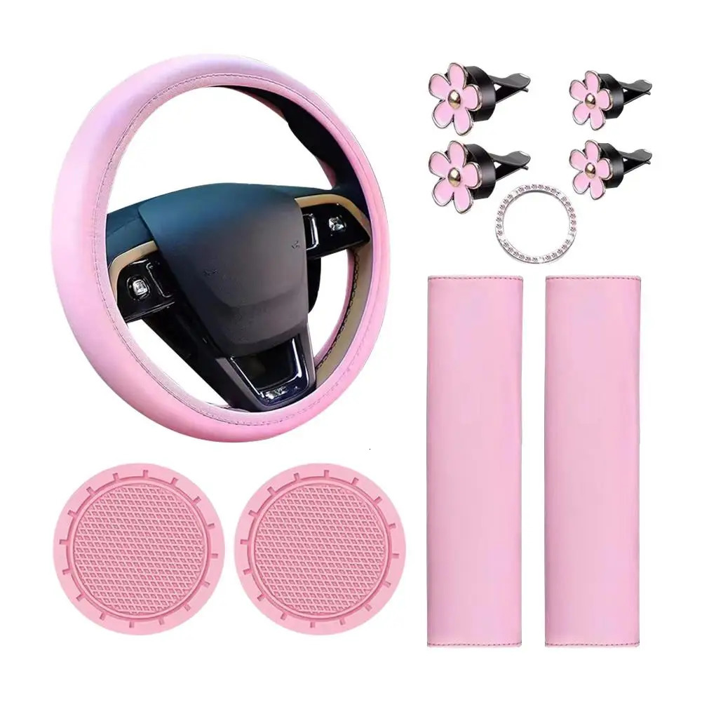 10Pcs Leather Steering Wheel Cover For Women Cute Car Accessories Set With Seat Belt Shoulder Pads Cup Holders Car Decorations 250715