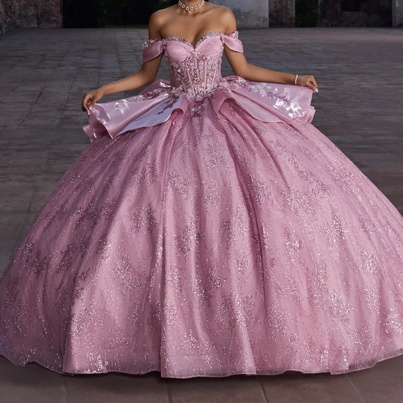 Pink Shiny Quinceanera Dresses Ball Gown Off The Shoulder Sequin Applique Lace Beading Crystal Tull Party Birthday Sweet 16 Dress Vestidos 15 De Anos