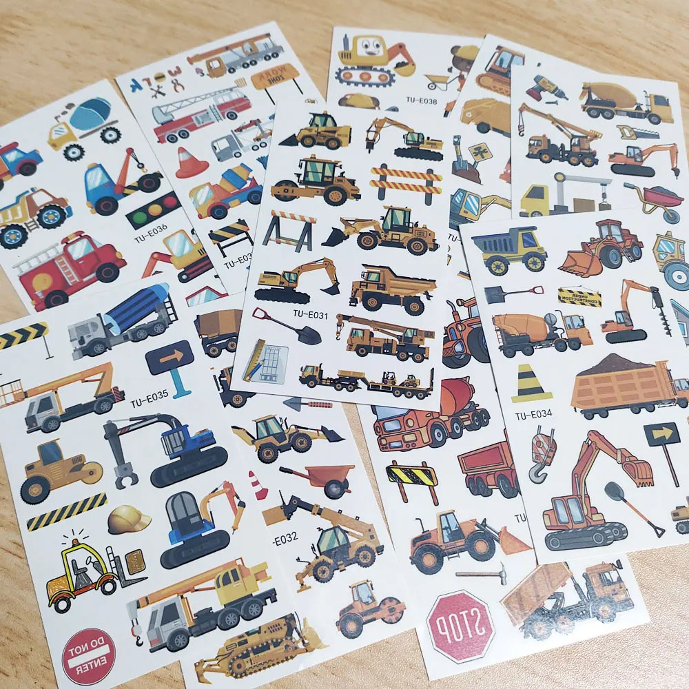 10 Sheets Children Cartoon Tattoo for Kids Engineering Vehicle Excavator Stickers Truck Waterproof Temporary Tattoos 250714